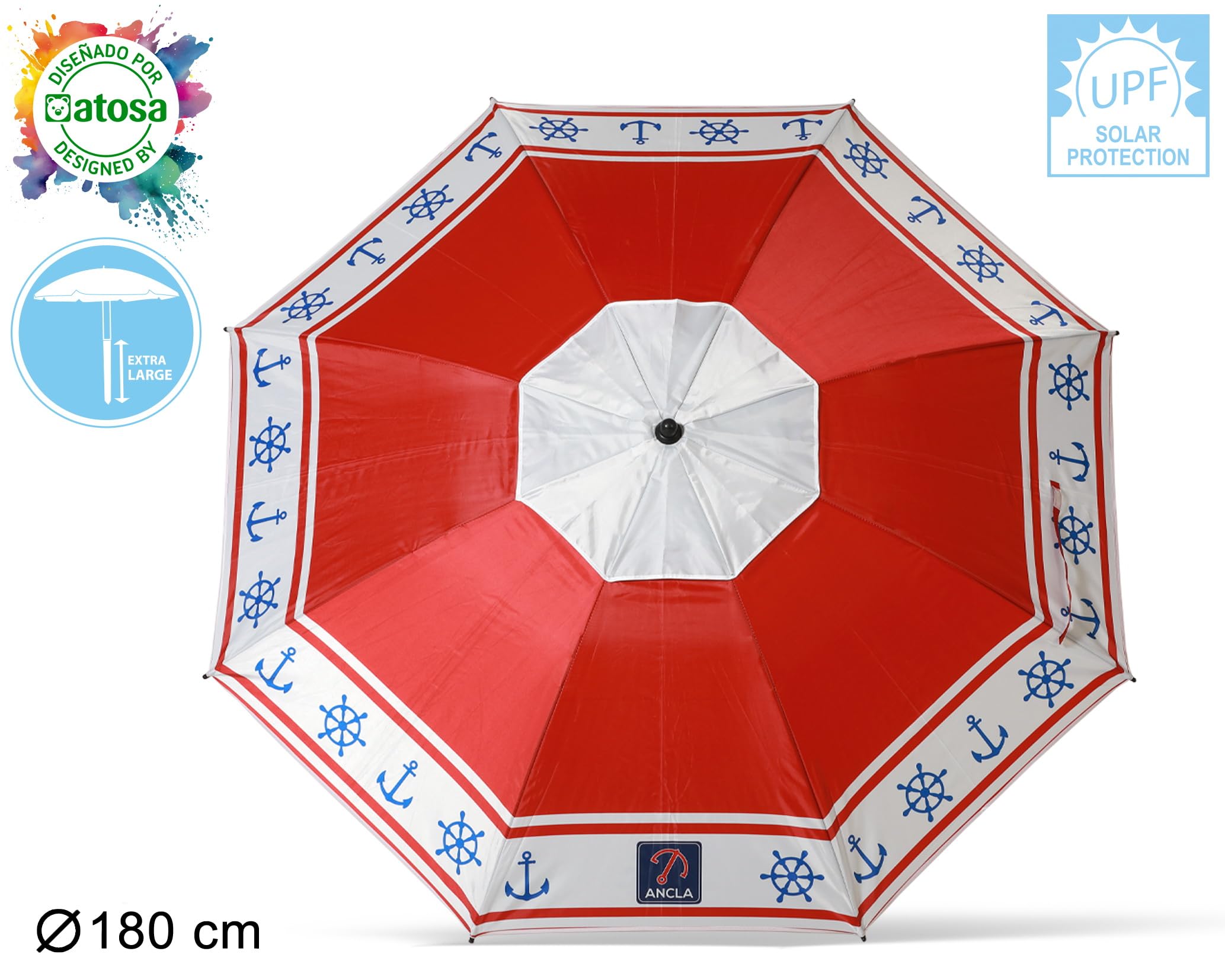 ATOSA atosa sombrilla de playa de aluminio modelo anclas y timón con upf 50+ rojo