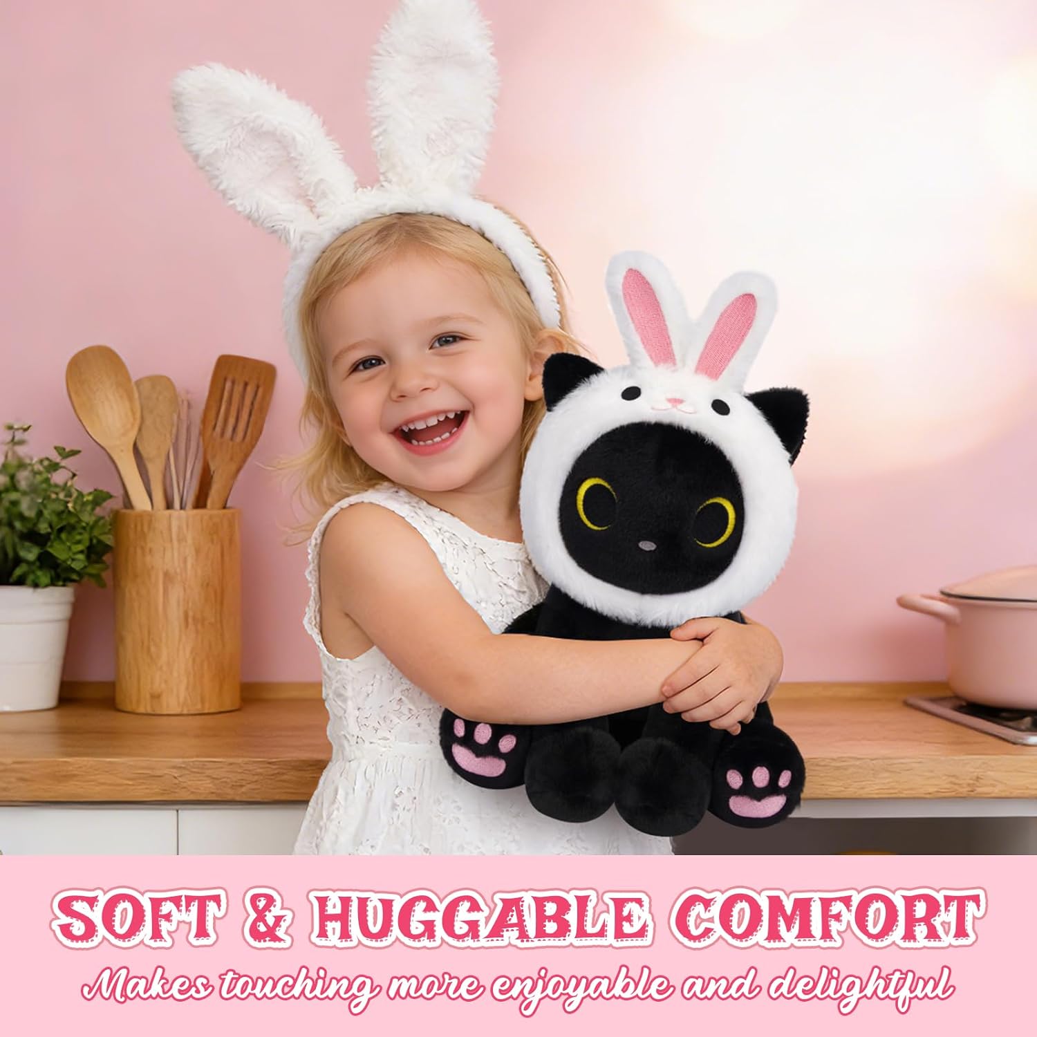 Black Cat Plush with Removable Bunny Hood, Cute Stuffed Animal Kawaii Soft Toy for Kids Toddlers, Birthday Gift for Boys Girls, Party Favors