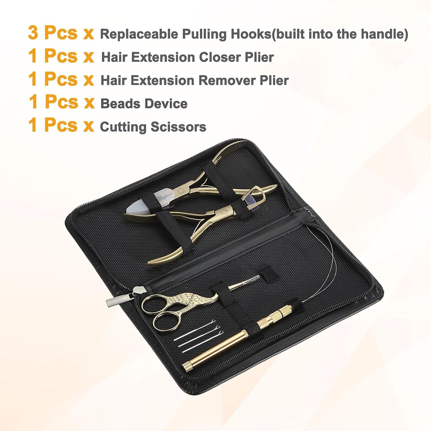 HARFINGTON Hair Extension Beading Tool Kit Stainless Steel Hair Extensions Micro Link Bead Closer and Remover Pliers Micro Ring Loop Needle Pulling Hook and Cutting Scissors, Gold Tone