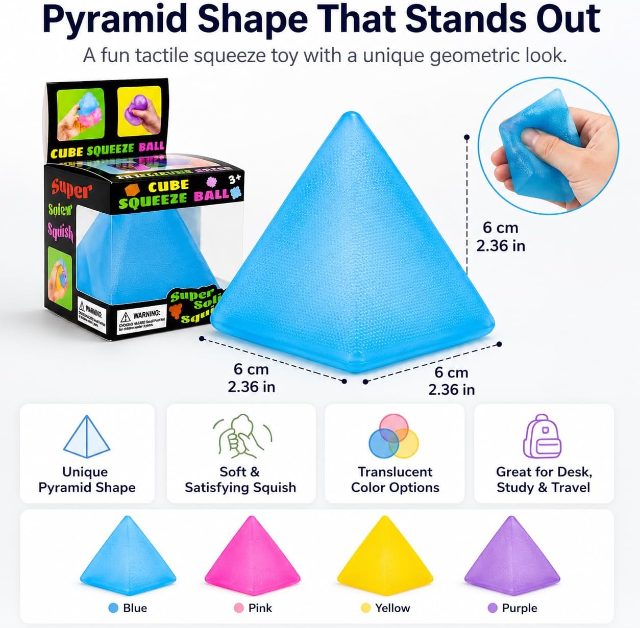 Pyramid Squishy Squeeze Toy for Adults, Soft Sensory Fidget Stress Ball, Stretchy Tactile Desk Toy for Office, Study, Travel, Hand Exercise and Relaxation, Translucent Pyramid Shape (Blue) image 3