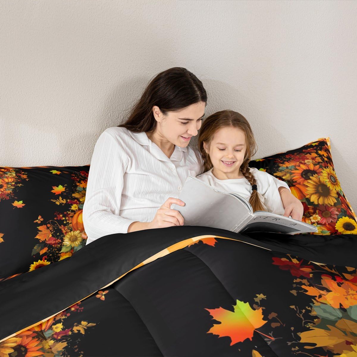 Feelyou Pumpkin Bedding Set Fall Sunflowers Butterfly Comforter Set Boys Girls Geometric Plaid Decor Comforter Microfiber Vintage Maple Leaves Duvet Set Bedroom Quilt Set Queen Size