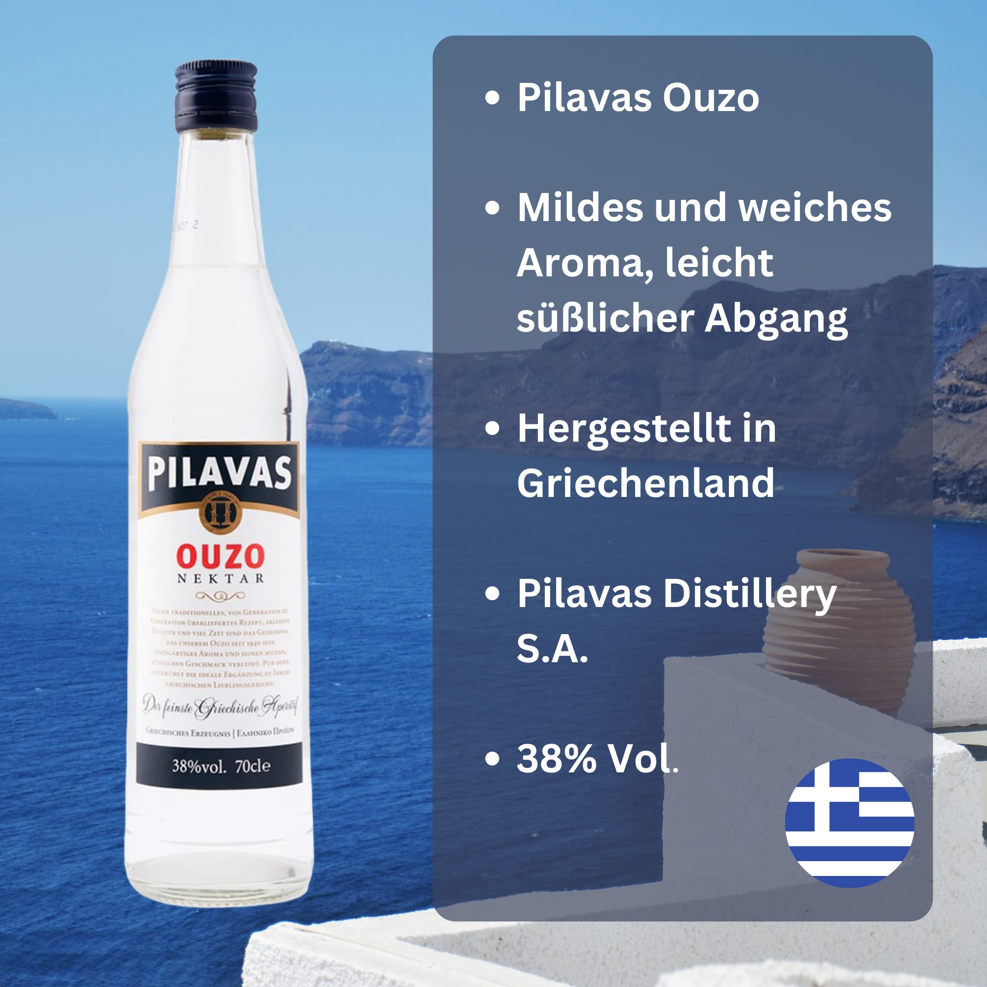 Ouzo Pilavas Nektar 6x 0,7l 38% Vol. | Sehr milder Ouzo aus Patras | + 20ml Jassas Olivenöl