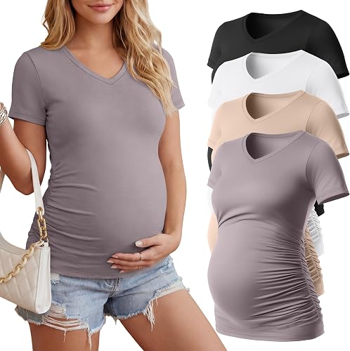 Huukeay 4 Pack Women's Maternity Shirts Pregnancy Top, 4-Color, X-Large