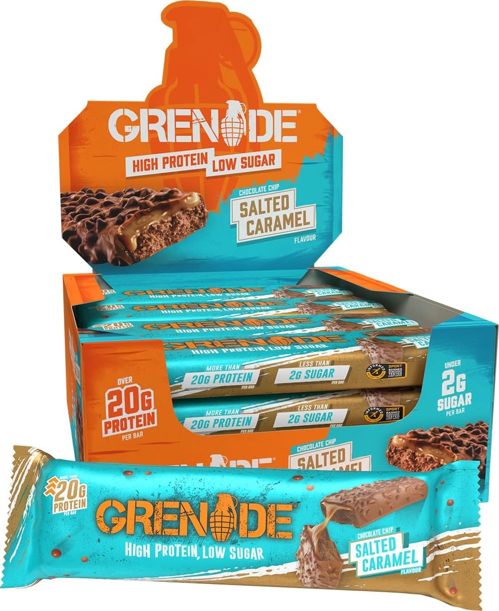 Grenade Chocolate Chip Salted Caramel Protein Bars, 12 x 60 g | High Protein, Low Sugar Bars, Over 20 g Protein & 1.4 g Sugar, Soft Nougat with Salted Caramel & Chocolate Chips