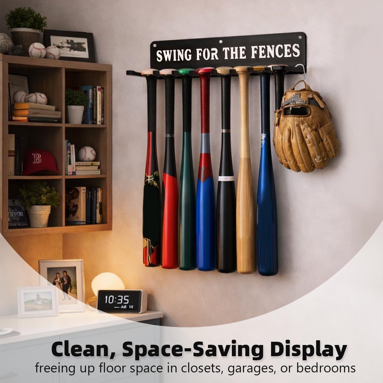 Baseball Softball Bat Holder Storage Rack Organizer Hanger Hook Home Field Hanging Fence Holds 14 Bats Wall Mount Equipment Sports Carabiners Included Metal image 2