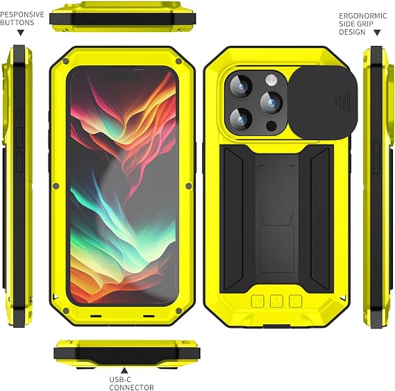FW iPhone 15 Pro Max メタルケース スライドカメラカバー付き 内蔵スクリーンプロテクター フルボディ ハイブリッド iPhone 15 Pro Maxケース メタルキックスタンド ミリタリー 高耐久 アーマー シリコンケース 男女兼用 イエロー
