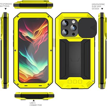 FW iPhone 15 Pro Max メタルケース スライドカメラカバー付き 内蔵スクリーンプロテクター フルボディ ハイブリッド iPhone 15 Pro Maxケース メタルキックスタンド ミリタリー 高耐久 アーマー シリコンケース 男女兼用 イエロー