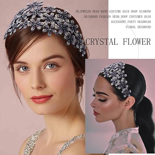 Miniatura 5 de Diadema ancha bohemia con diamantes de imitación, banda para el cabello con flores de cristal, accesorios para el cabello para mujeres y niñas