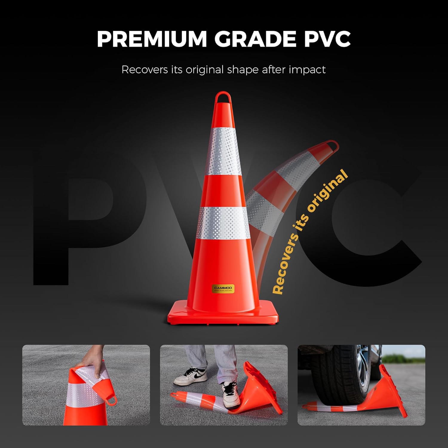 CAMMOO 6 Pack 28 Inch Traffic Cones, from -22℉ to 131℉, MUTCD-Compliant Orange Safety Cone with Reflective Collar ＆ Extra Caution Tape for Parking Lot, Construction Work, Road Safety