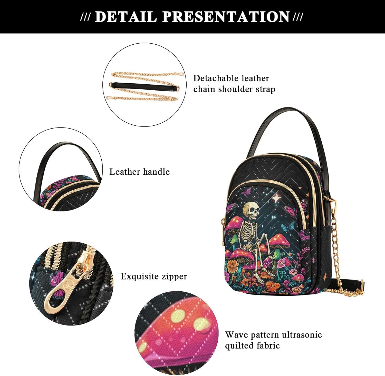 MNSRUU Quilted Crossbody Bags for Women Trendy, Women's Crossbody Handbags Goth Skull Travel Cell Phone Purses Bags