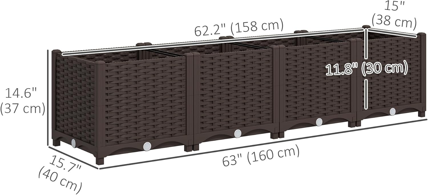 Outsunny 5 x 1 x 1 ft Raised Garden Bed, Indoor Outdoor Plastic Planter Box with Drainage Holes, Drain Plugs and Water Reservoirs for Vegetables, Herbs, Flowers & Succulents, Brown