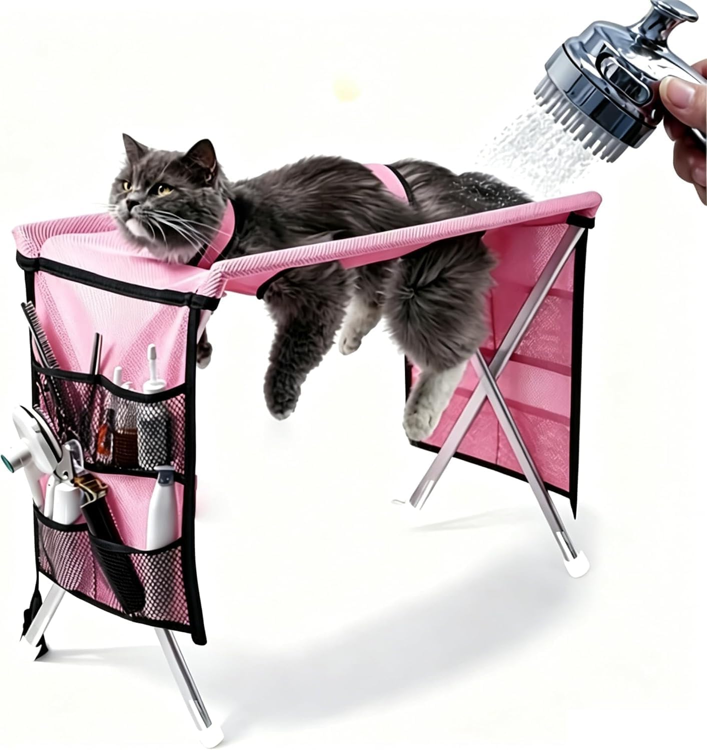 Dog Cat Grooming Hammock with Stand, Foldable Pet Grooming Sling Holder for Nail Trimming Bathing, 30 lb Capacity (Pink)