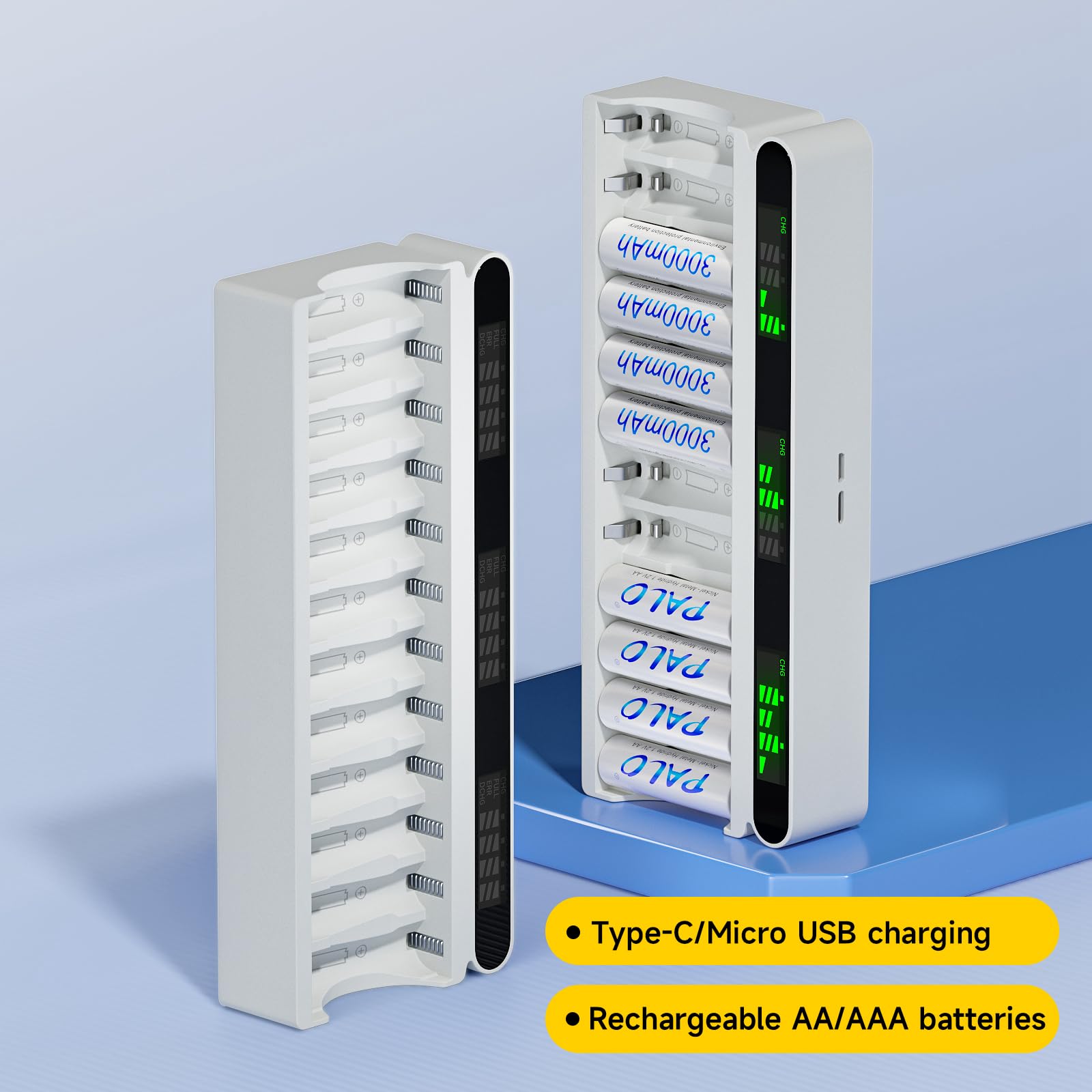 12 piles rechargeables 3000mAh AA avec chargeur, USB type-C 5v2A écran LCD chargeur rapide avec 12 emplacements pour piles rechargeables 1,2 V NiMH AA AAA