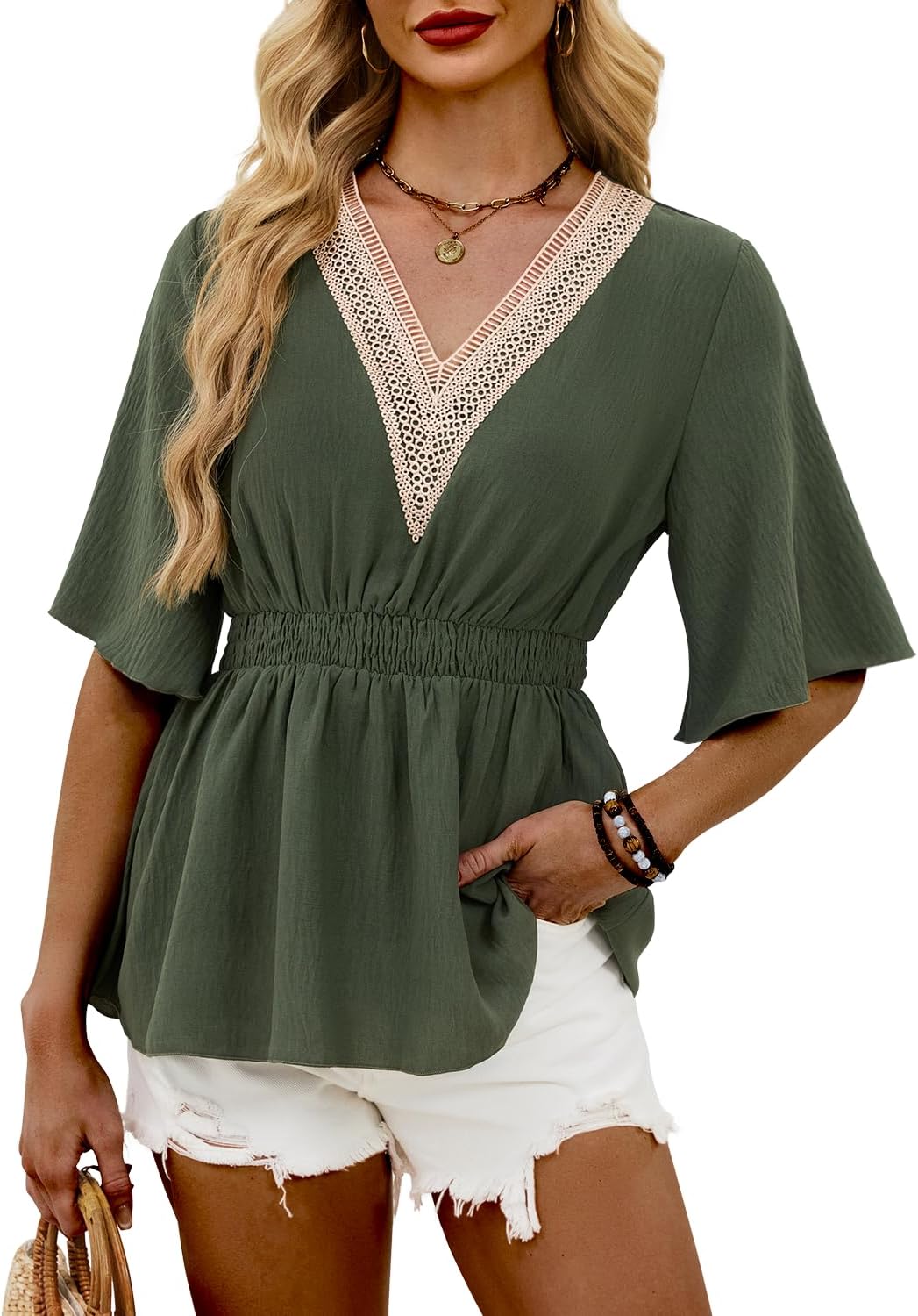 HEYTALALA Womens Summer Tops Dressy Casual Ruffle Short Sleeve Lace V Neck Smocked Peplum Blouses Babydoll Shirts