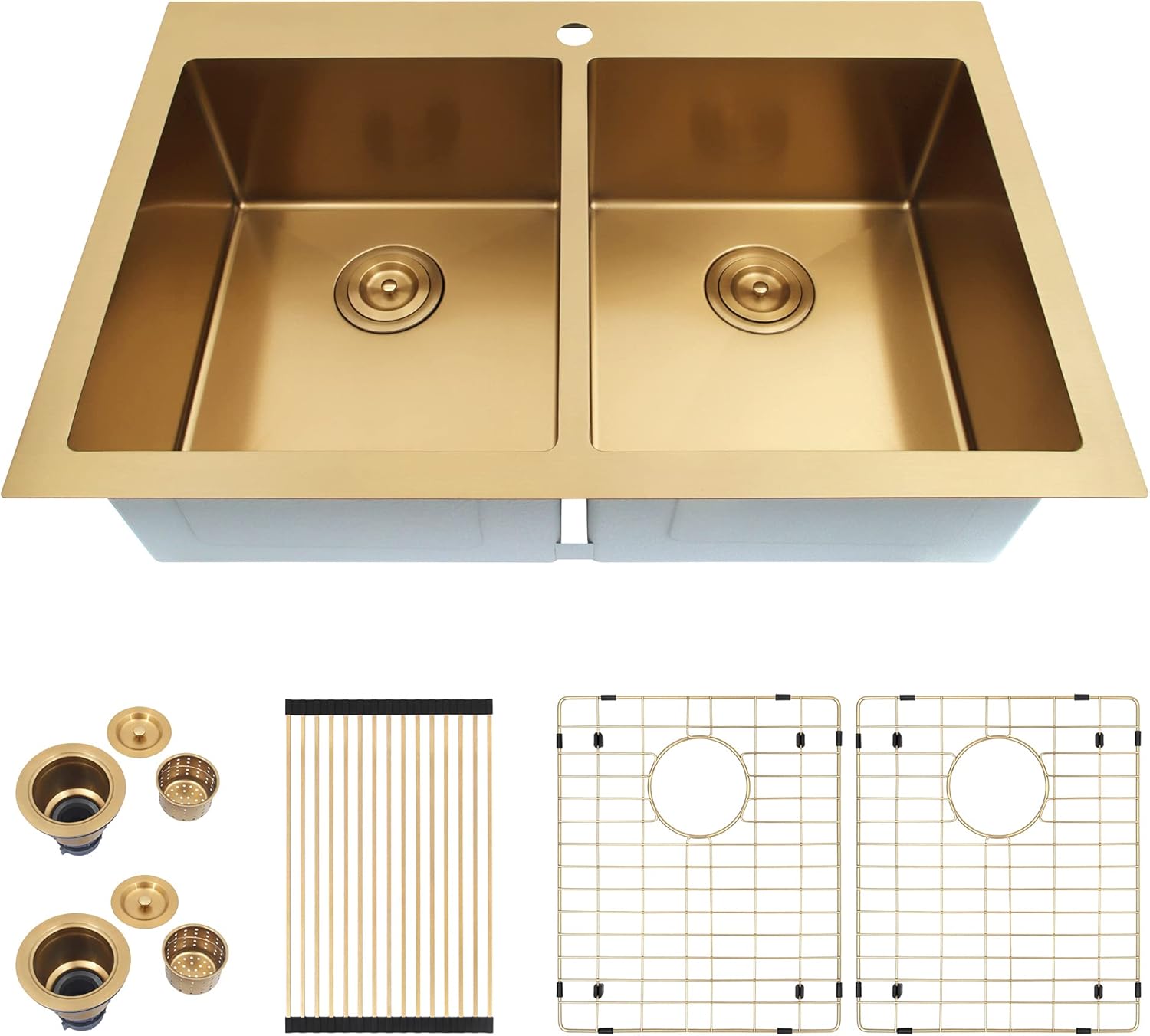 33" x 22" Drop-In Top Mount Kitchen Sink, 50/50 Double Bowl, 16-Gauge Stainless Steel, Brushed Finish, Large Volume with Accessories(Gold, 33" X 22" X 9")