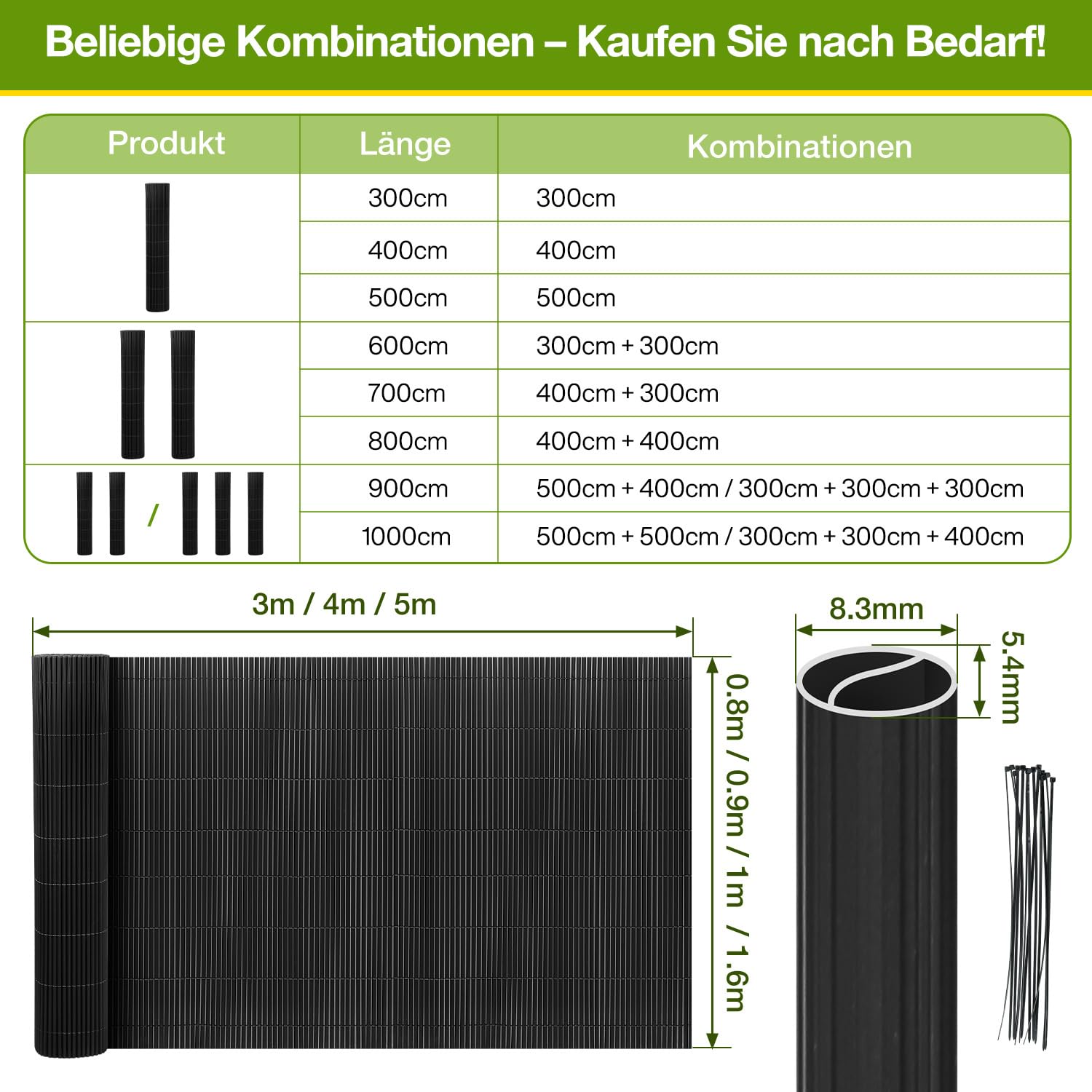 Brise-vue en PVC pour balcon, 80 x 400 cm, gris, tube rond avec bandes de renfort, brise-vue pour balcon, clôture de jardin, terrasse et balustrade