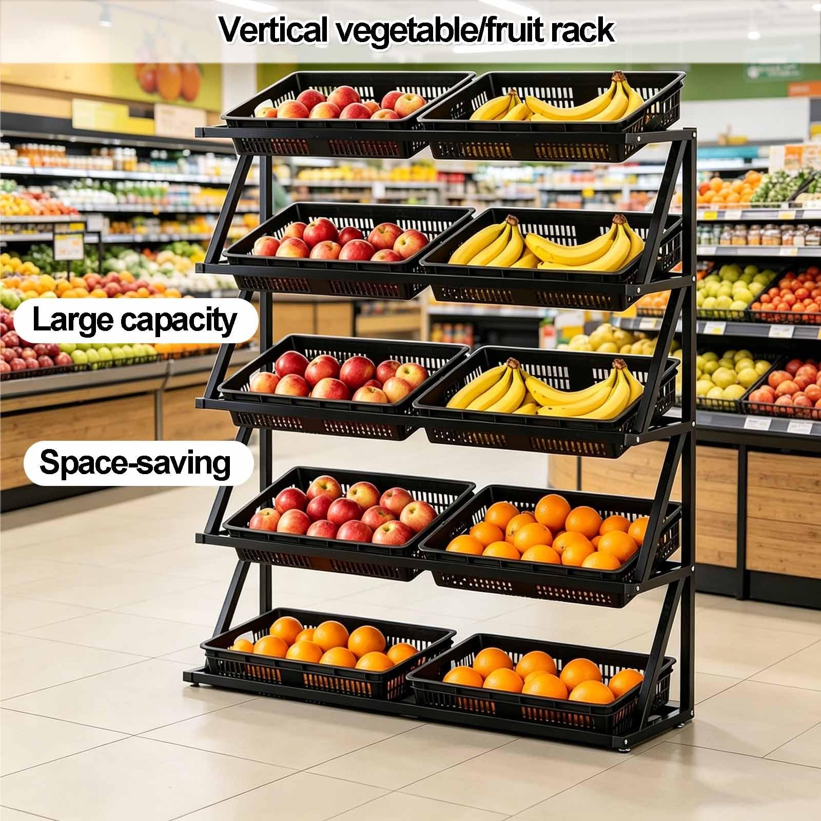 Étagères commerciales pour fruits et légumes, organisateur d'étagères marché avec paniers en PP, présentoir à fruits, élégant présentoir service à plusieurs niveaux(Green,5-tier)