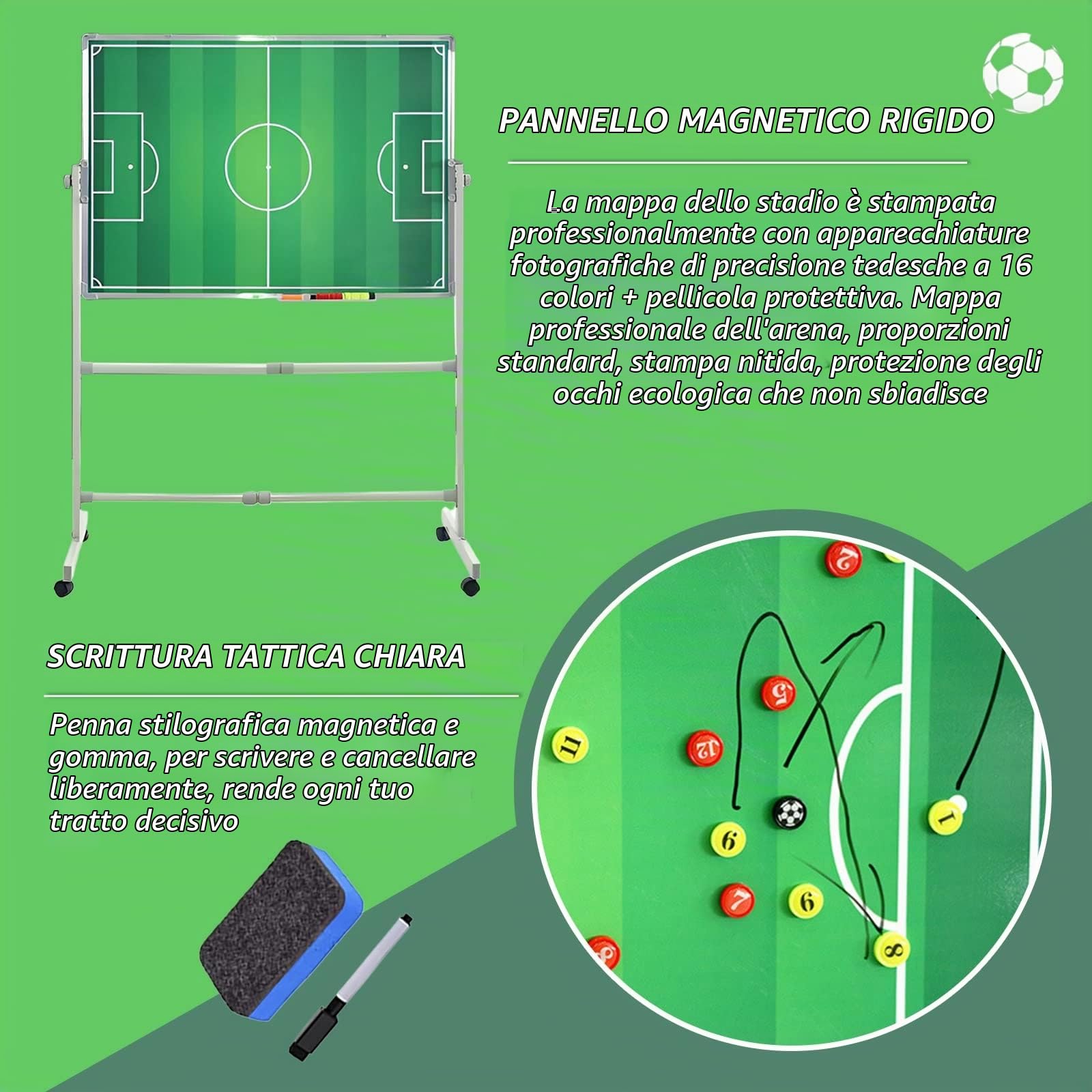 Lavagna Tattica Calcio Magnetica Grande con Cavalletto Professionale Lavagna per Allenatori di Calcio con Magneti Grande Magnetica con Ruote, per Allenamento