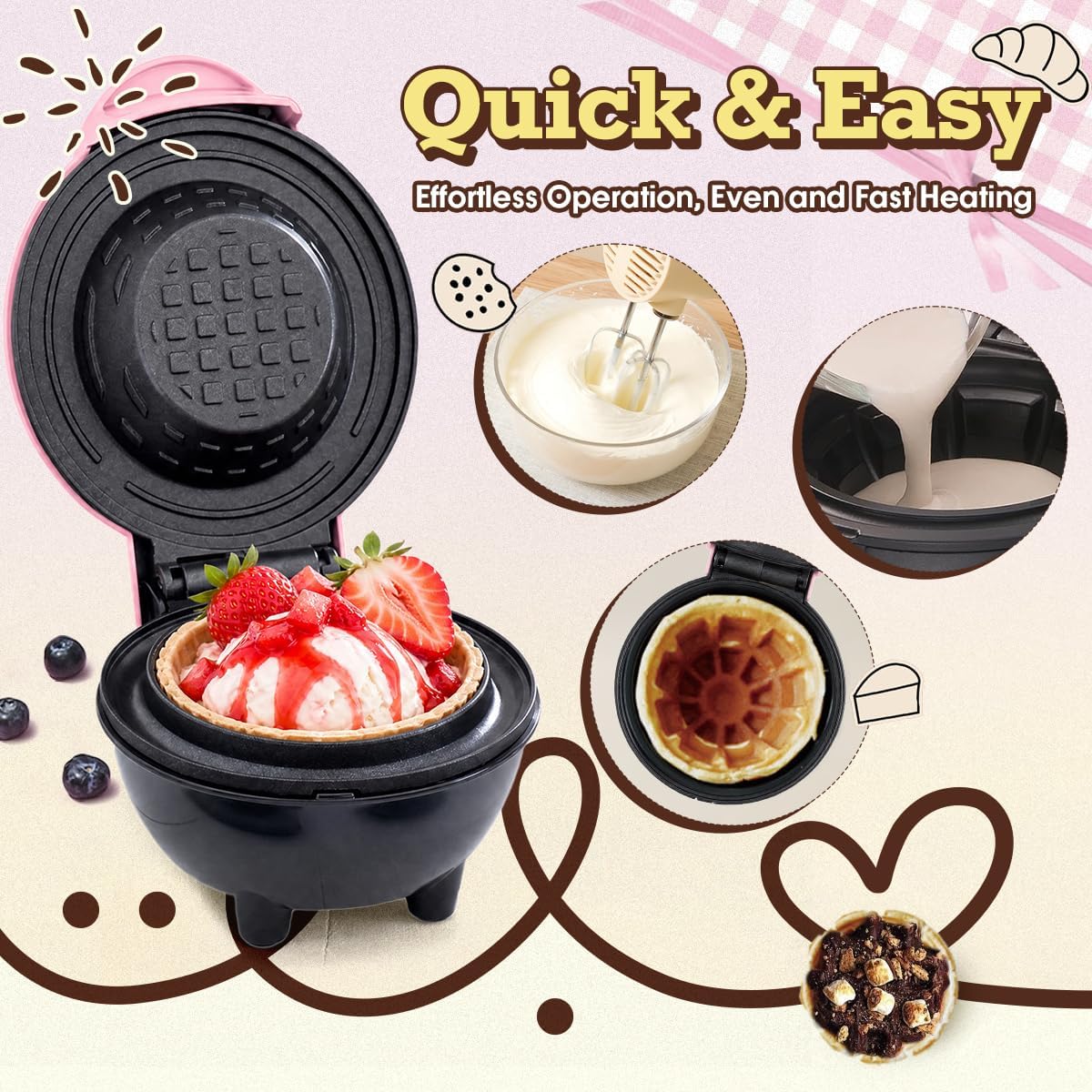 Mini Waffle Bowl Maker(Pink), 4'' Small Waffle Cup Machine for Ice Cream Sundaes, Taco Bowls & Desserts, 350W Fast Heating Non-Stick Wafflera, Compact Gift for Kids, Family & Breakfast