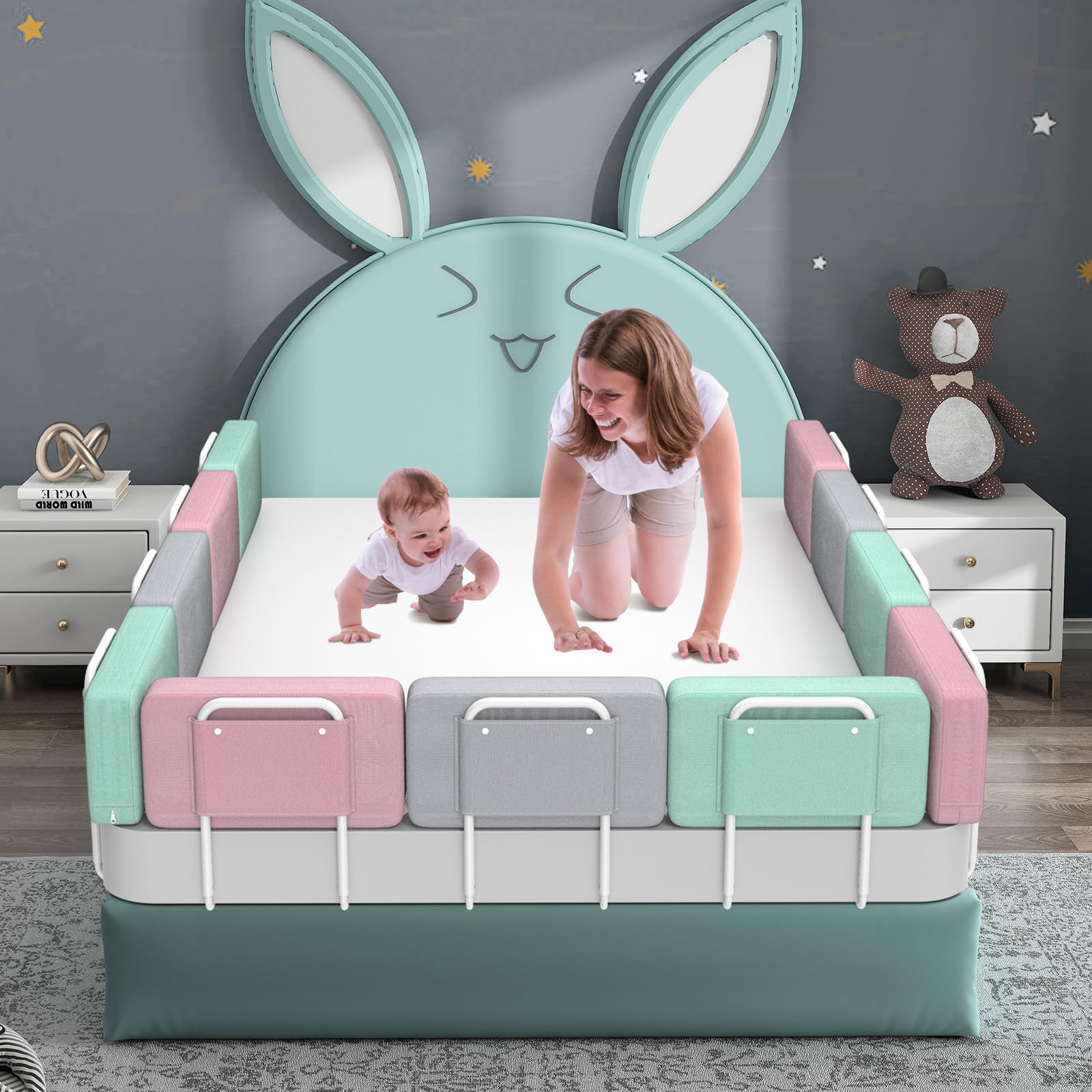 Sponda Letto Bambini Regolabile 60cm - Barriera Sicurezza Anticaduta Verde Lago, Facile Montaggio
