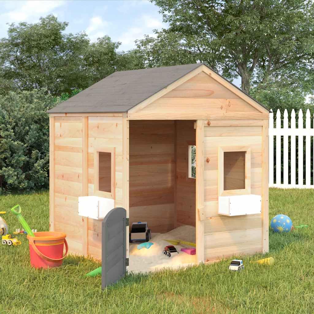 Spielhaus Gartenhaus Kinderhaus aus Tannenholz mit abschließbarer Tür und offenen Fenstern, 2 Blumentöpfen, für Garten Terrasse und Hof, 125 x 120 x 132 cm, dunkelgrau, 3 bis 12 Jahre
