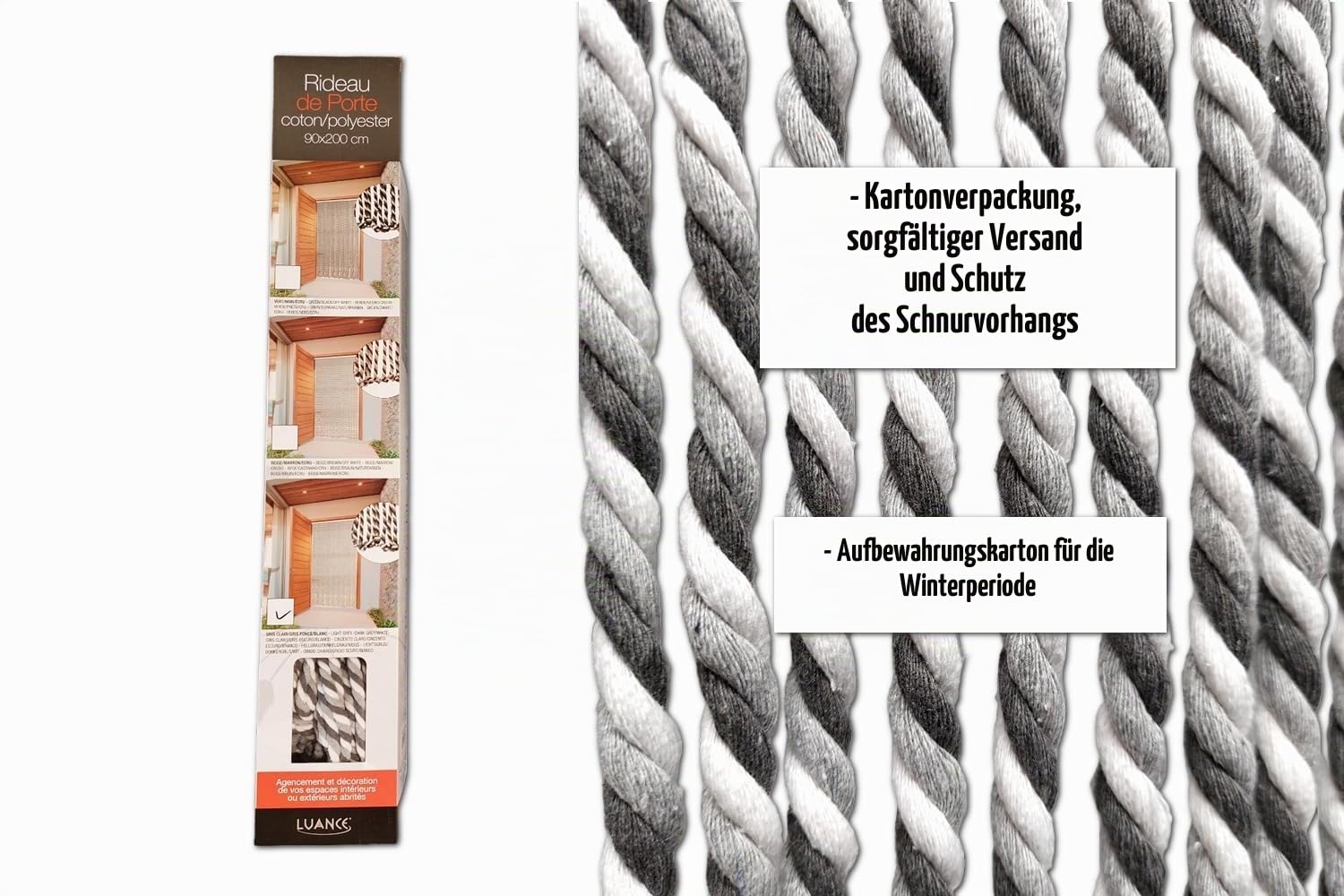 MadeInNature Türvorhang, natürliches geflochtenes Baumwollseil, hochwertig, für den Innen- und Außenbereich, Breite 90 cm x Länge 200 cm, verschiedene Modelle (Hellgrau, Dunkelgrau, Weiß, 54 Stränge)