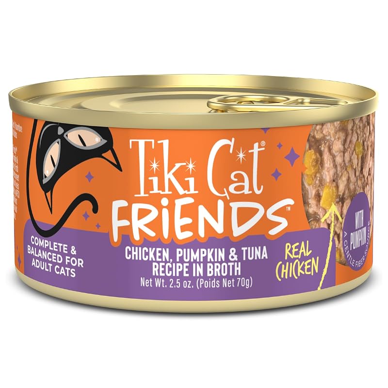 Ração úmida para gatos adultos Tiki Cat Friends com frango, abóbora e atum, 12 latas de aproximadamente 71 g