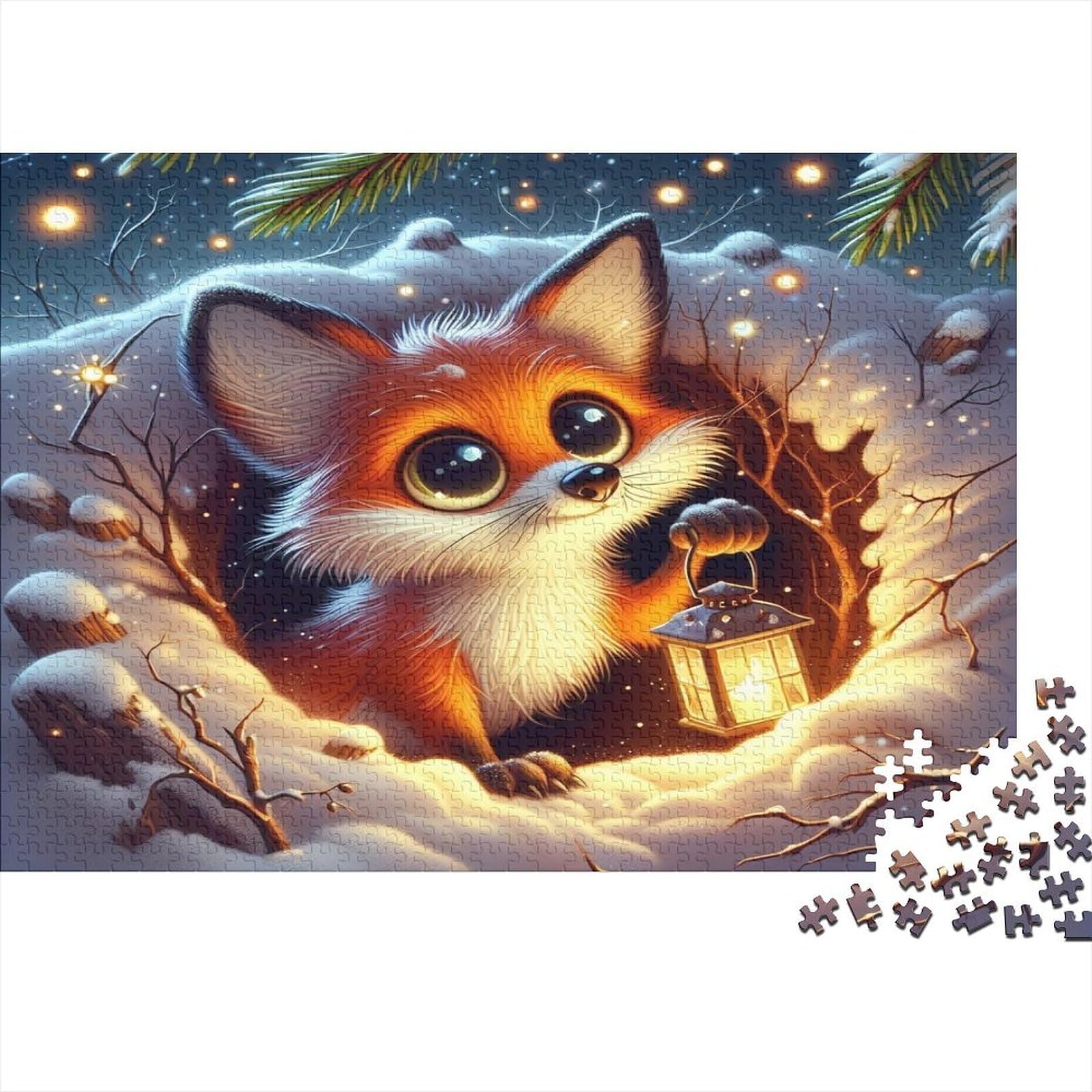 Fox in Snow 1000Pc Jigsaw Unique Recycled Cardboard Cute Fox Cub Relaxing Family Activity for Adults And Kids 14+ 70x50cm/1000pcs — image 1