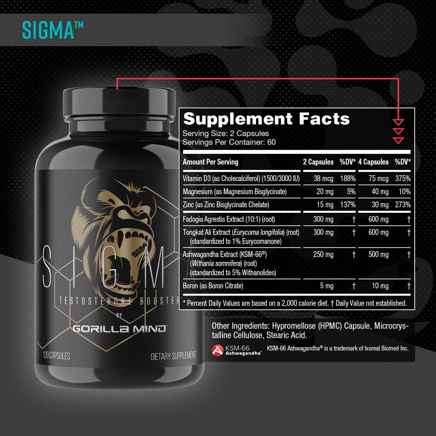 Gorilla Mind Sigma Testosterone Booster - Made with Tongkat Ali and Fadogia Agrestis Extract to Support Higher Testosterone Level (120 Capsules) - Image 2