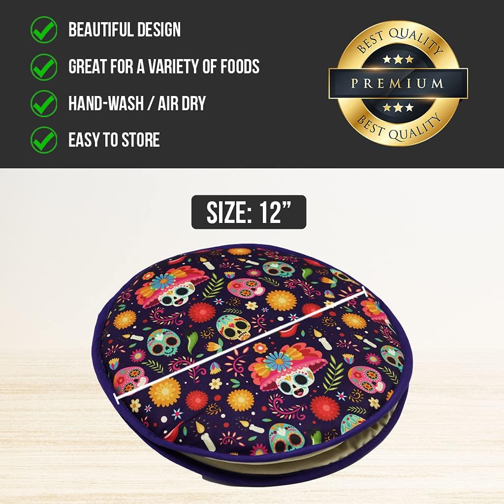 Sophix Tortilla Warmer Pouch - 12-Inch Large Size - This Thermal Insulated Fabric Holder Keeps Tortillas, Naan Bread, and Pizza Rolls Warm for up to One Hour | Two Sided (Skull Design)