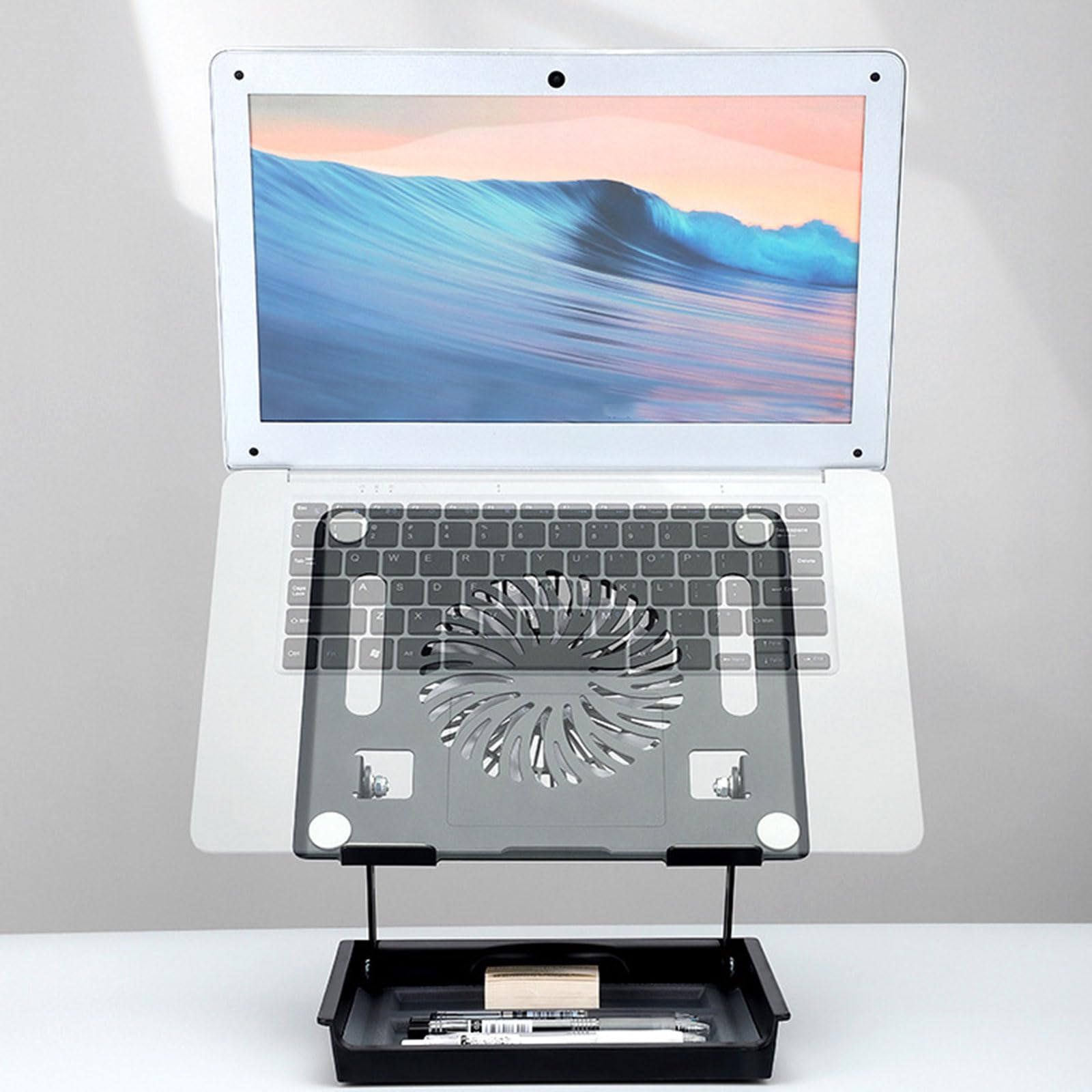 Notebook con sezione portaoggetti e ventola per ventilazione, ufficio, portatile, supporto di raffreddamento compatto, spazio di archiviazione domestico per uso professionale