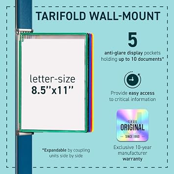 Tarifold Wall Mount Document Display Stand & Reference Organizer, 5 Double-Sided PVC Pockets, 10 Sheet Capacity, Metal Wall Bracket, Letter Size, Assorted Colors