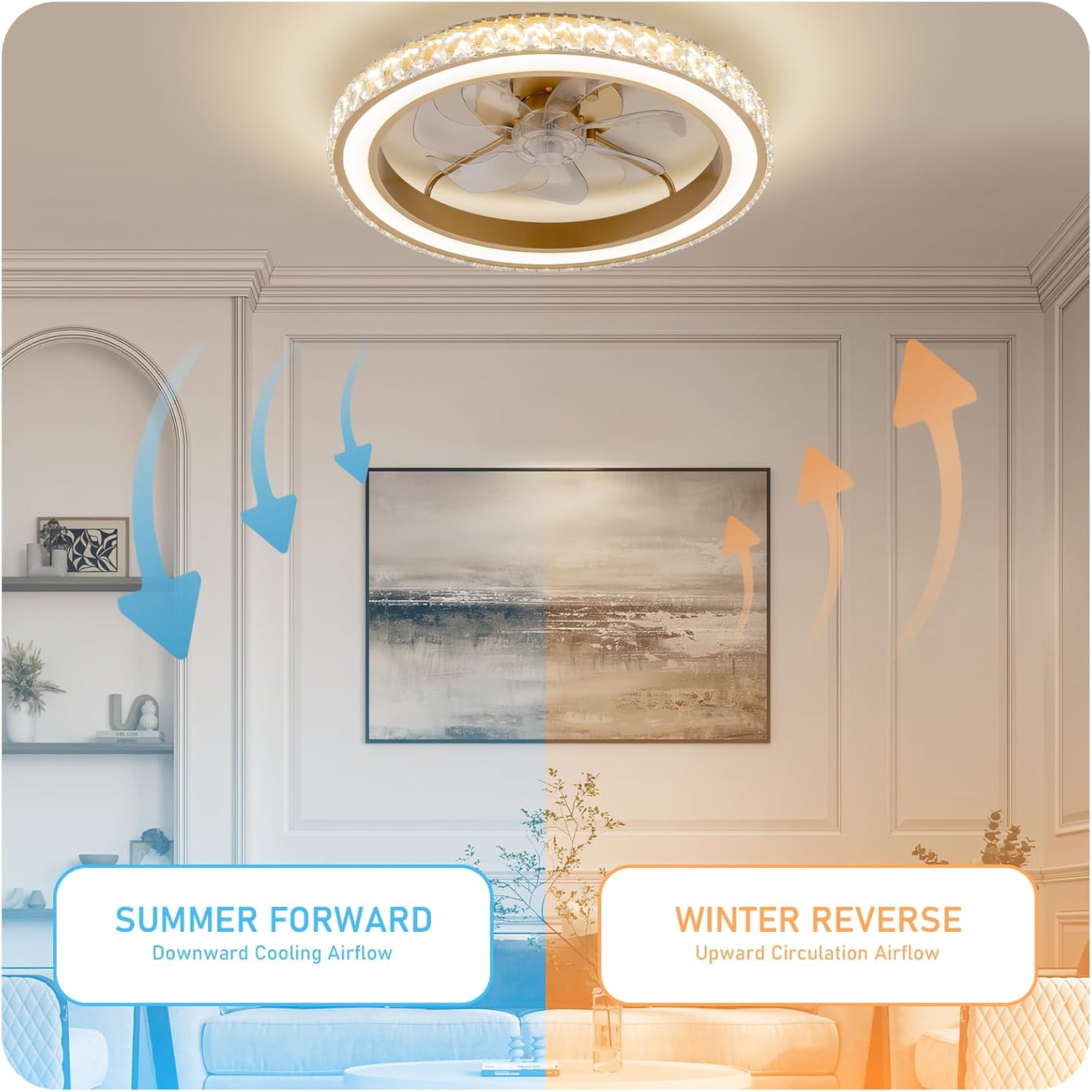RGB Ceiling Fans with Lights, 22" Low Profile Ceiling Fan with Light for Bedroom,Smart Bladeless LED Fan Light,Gold Modern Chandelier Crystal Ceiling Fan Light with Remote/APP Control