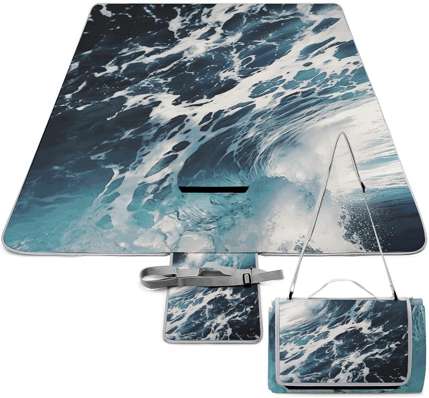 Beach Foam Wave Waterproof Picnic Blanket 58.3''x58.3'',Portable and Foldable Picnic Mat with Handle,Outdoor Blankets for Lawn Park Beach Travel