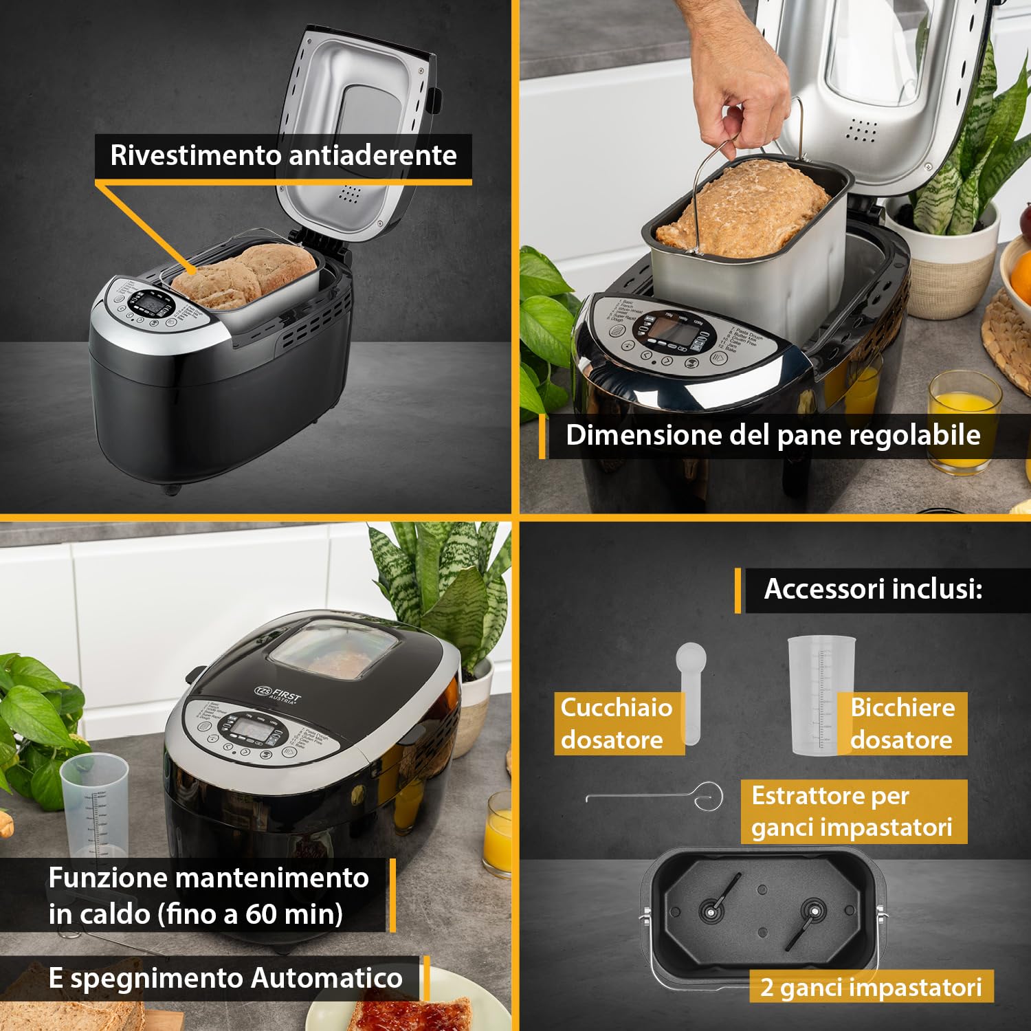 TZS First Austria - Macchina per il pane con 12 programmi automatici 850W - Panificatore elettrico da 700-1250g - Con finestrella, timer, accessori e funzione di mantenimento in caldo - Nero