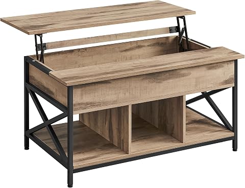 VASAGLE Mesa de Centro, Mesa de Café con Tablero Elevable, para Dormitorio, con Espacio Abierto y Oculto, Barras en Forma de X, 60 x 100 x (48-62) cm, Marrón Roble y Negro LCT205K50
