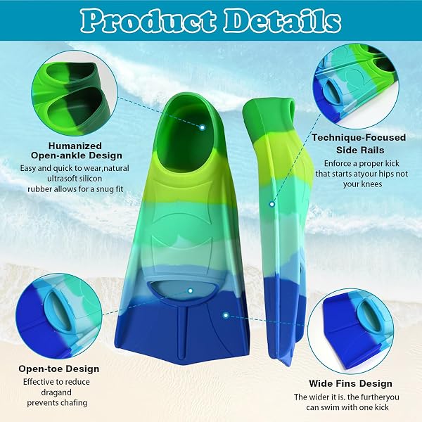 Palmes de natation courtes pour enfants, 100 % silicone, palmes d'entraînement, palmes de natation pour enfants et adultes, entraînement de natation, plongée en eau libre - 3