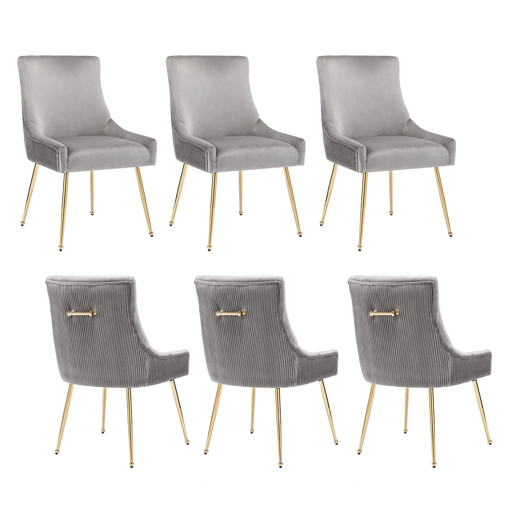 adochr Velvet Dining Chairs Set of 6 with Gold Metal Legs, Modern Upholstered Kitchen Chair with Pull Handle & Pleated Back, Mid Century Accent Chair