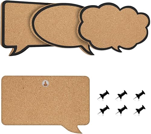 Miniatura 5 de Navaris Juego de tableros de anuncios de corcho, 3 tablones de corcho en bonitas formas decorativas de burbujas de habla y pensamiento con alfileres