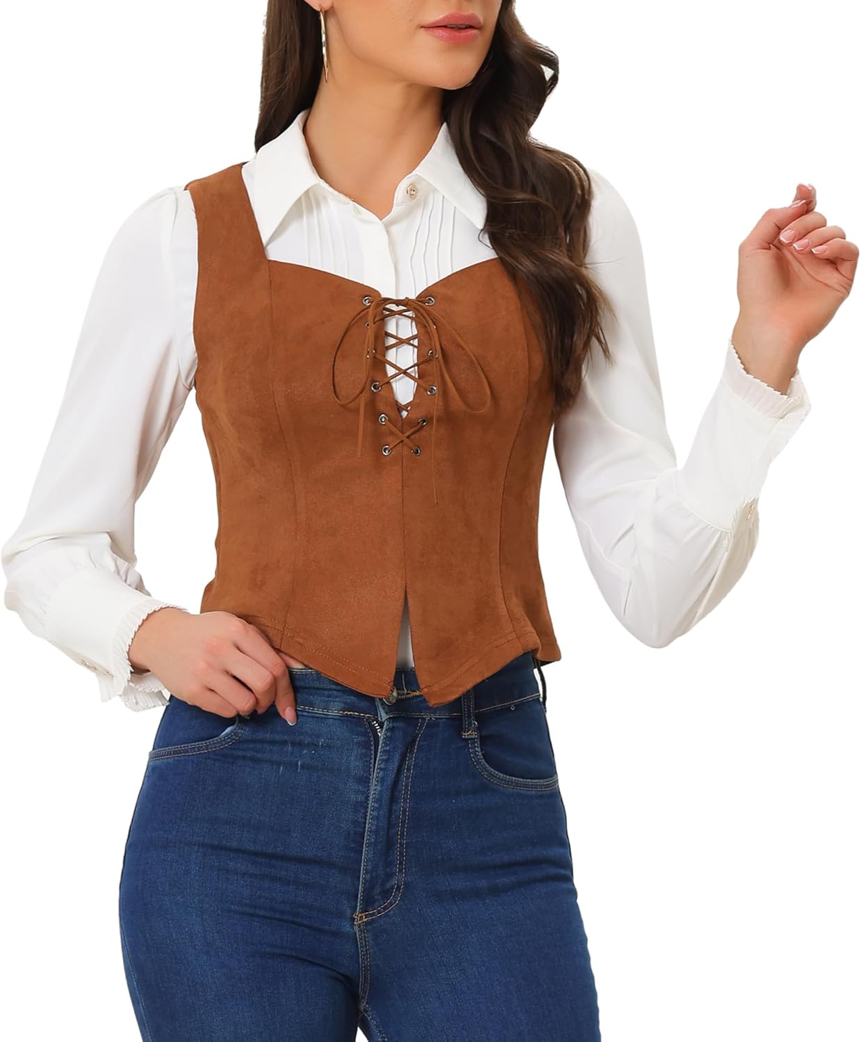 Allegra K Women's 2025 Vintage Faux Suede Vest Jacket Sweetheart Neck Sleeveless Lace Up Waistcoat Vest