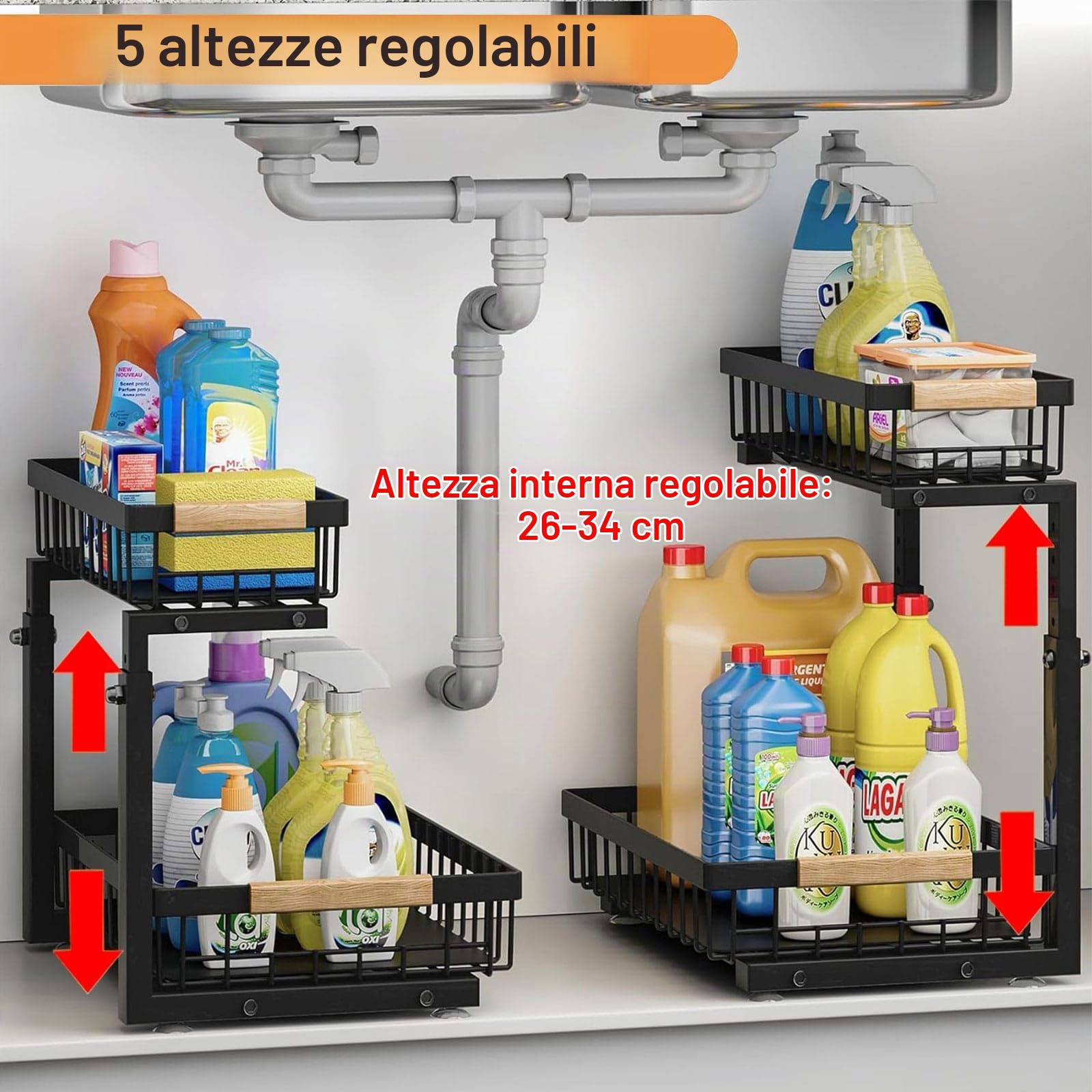 Organizer Sottolavello Cucina Metallo, Regolabile in Altezza Sotto Lavello Cucina Organizer con 2 Cassetti Scorrevoli per Bagno portaoggetti, Accessori Utensili Cucina, Controsoffitto, Mobile