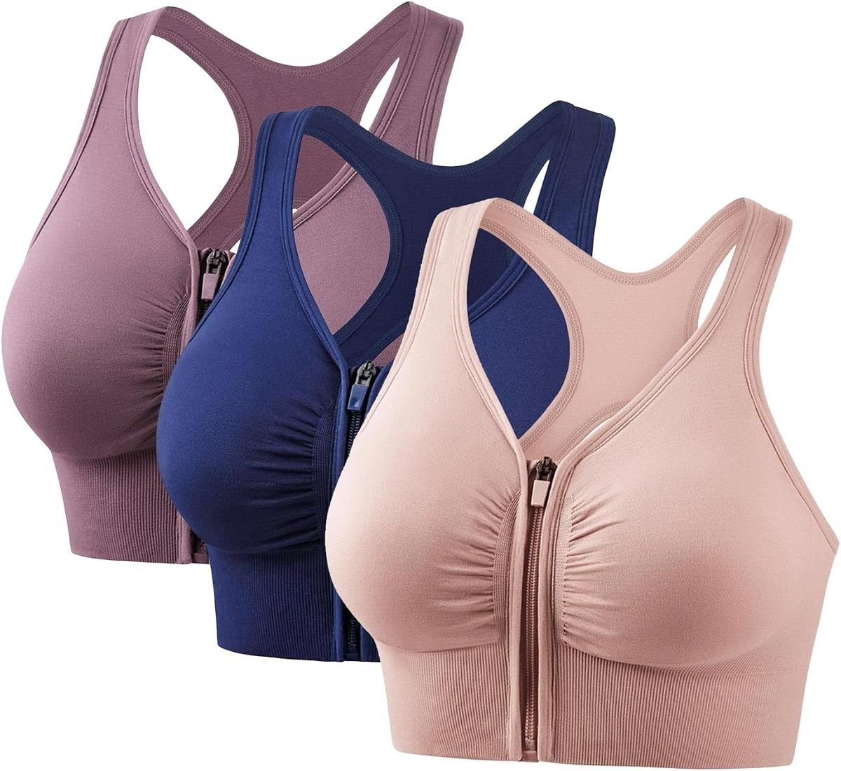 3 Pack Womens Zip Front Closure Sports Everyday Bra Seamless Wirefree Bralettes Padded Racerback Workout Gym Yoga Bras