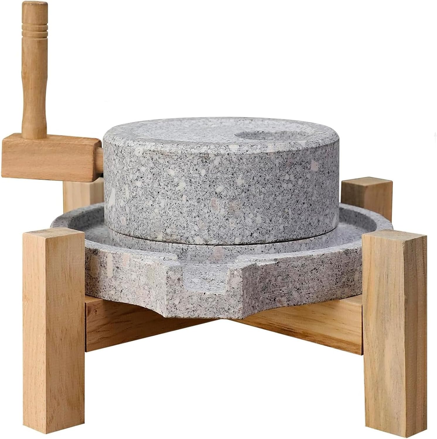 Stone Grain Mill Grinder for Home - Handmade Countertop Wheat & Flour Disk Grinder with Wooden Stand for Bread, Tortillas, Spices