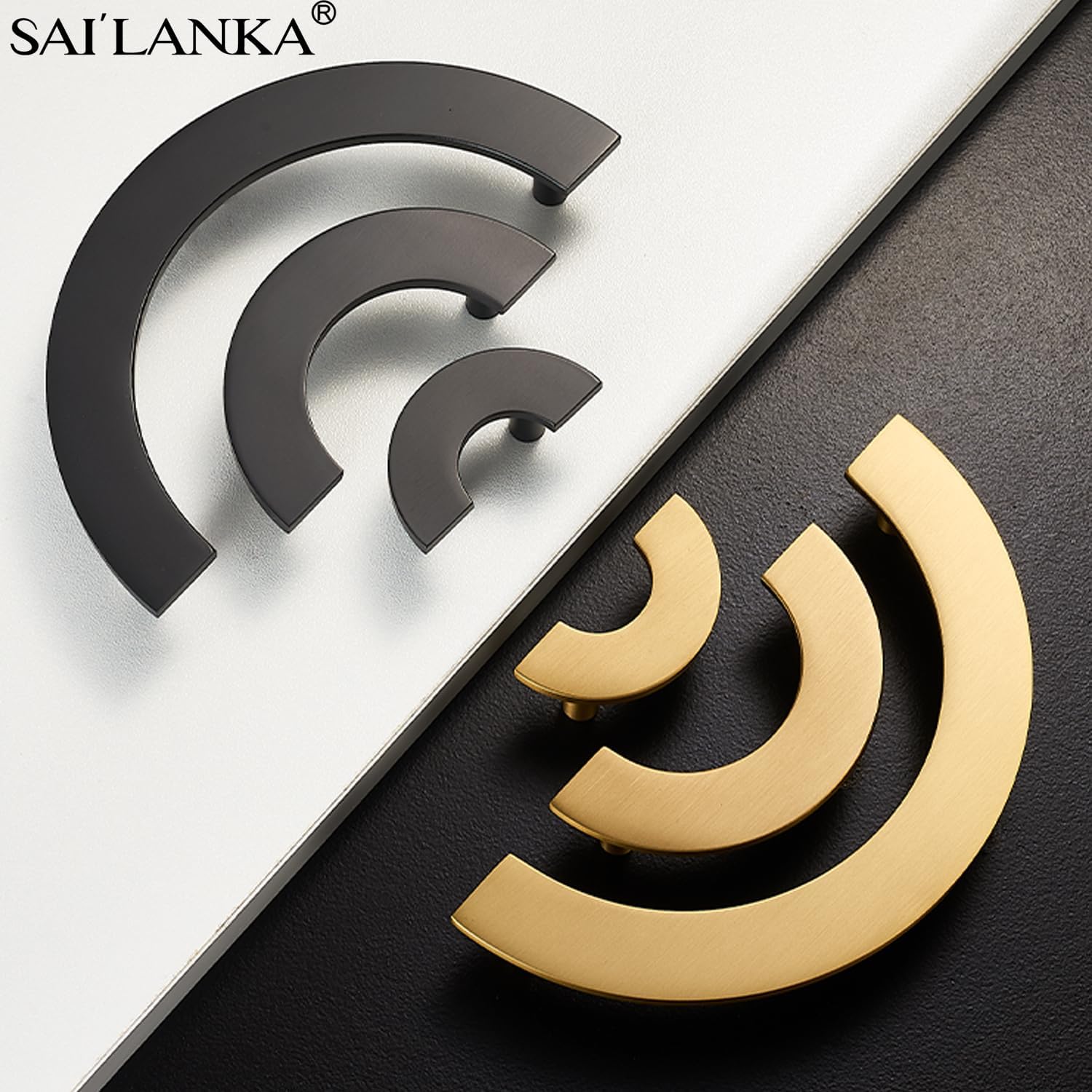 6 Pack Cabinet Pulls Knobs Brushed Brass Semicircle Kitchen Dresser Cupboard Hardware Pulls Gold Vintage Drawer Knobs, 5in Hole Centers