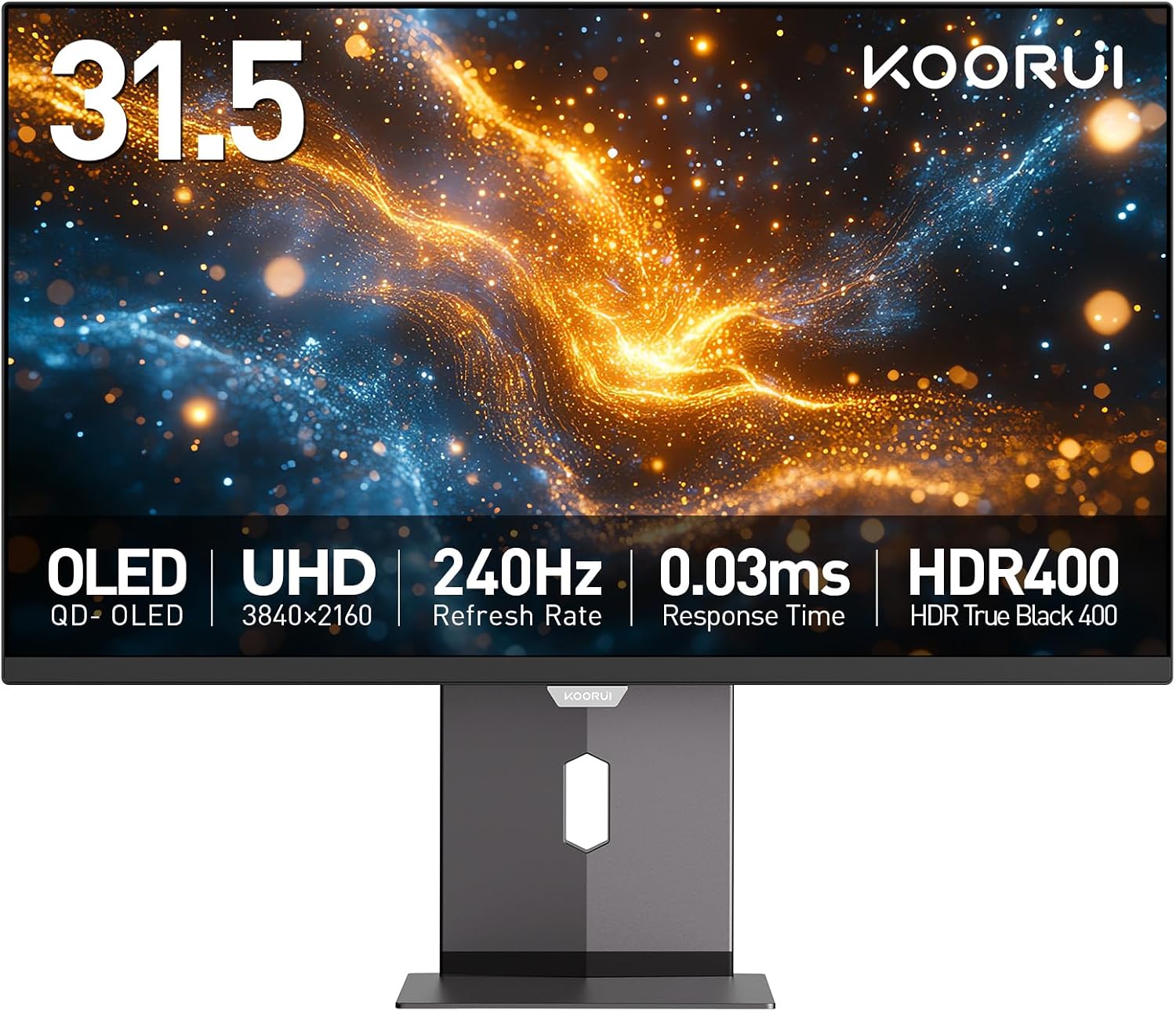 KOORUI 32 inch 4K OLED Gaming Monitor, UHD 240Hz 0.03ms, HDR True Black 400 | Adaptive Sync, 99% DCI-P3, HDMI 2.1& DP 1.4, USB Type-C, Tilt/Pivot/Swivel/Height Adjustable, VESA Mount