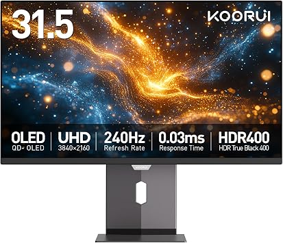 KOORUI 32 Inch 4K OLED Gaming Monitor, UHD 3840x2160, 240Hz 0.03ms Computer Monitors, HDR True Black 400, 99% DCI-P3, AdaptiveSync, DP&HDMI, Tilt/Pivot/Swivel/Height Adjustable, USB Type-C, S3241XO