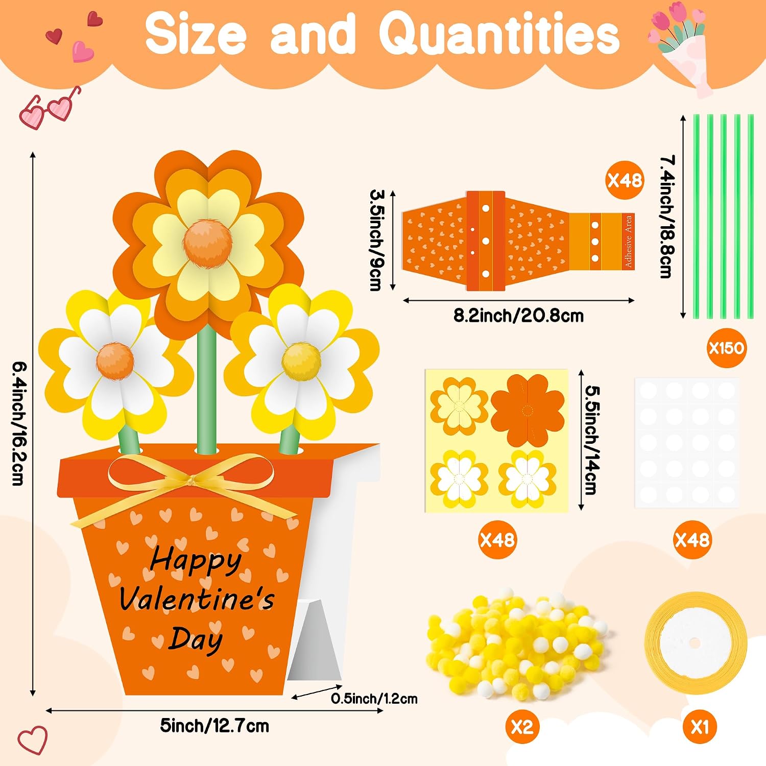 BeYumi Flower Pot Craft Kit - 24Pcs Valentine's Day Orange Flower Pot Craft for Kids Make Your Own 3D Bouquet Teacher Appreciation Week Thankful Love Gift DIY Set Home School Classroom Fun Activities image 2