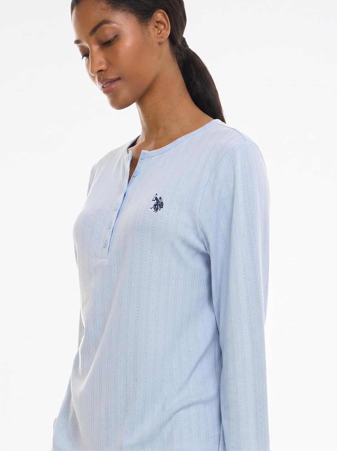 U.S. POLO ASSN. Womens Pointelle Henley Long Sleeve Pajama Set image 2
