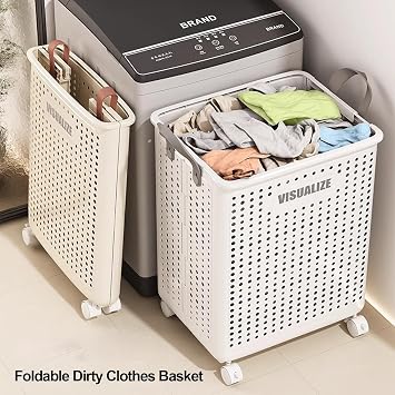 Collapsible Laundry Basket with Wheels Plastic Breathable Mesh Holes Laundry Hamper Versatile Portable Storage Laundry Cart(Beige,36cm/14in)