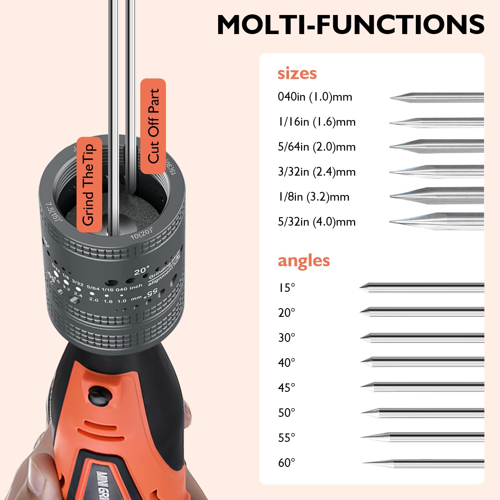 Elettrodi di Tungsteno TIG Rettificatrice Smerigliatrice, Set di affilatrici per elettrodi in tungsteno per saldatura TIG, 6 misure, 8 angoli, con 10 Titanio Rivestito Diamante Mole e 3 Mandrini CNC
